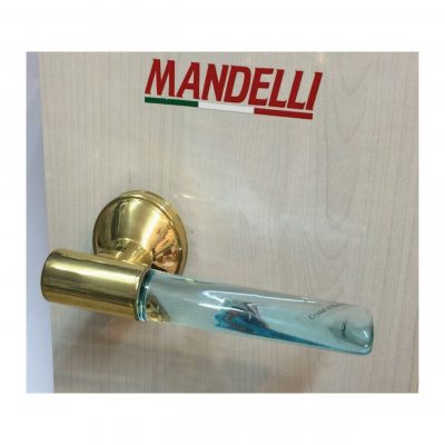 MANIGLIA per porta MANDELLI – Ottone Lucido/acquamarina (vetro di murano)