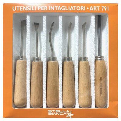 SET pz. 6 Utensili per Intagliare il Legno- STELLA BIANCA – Professionale con manico in legno