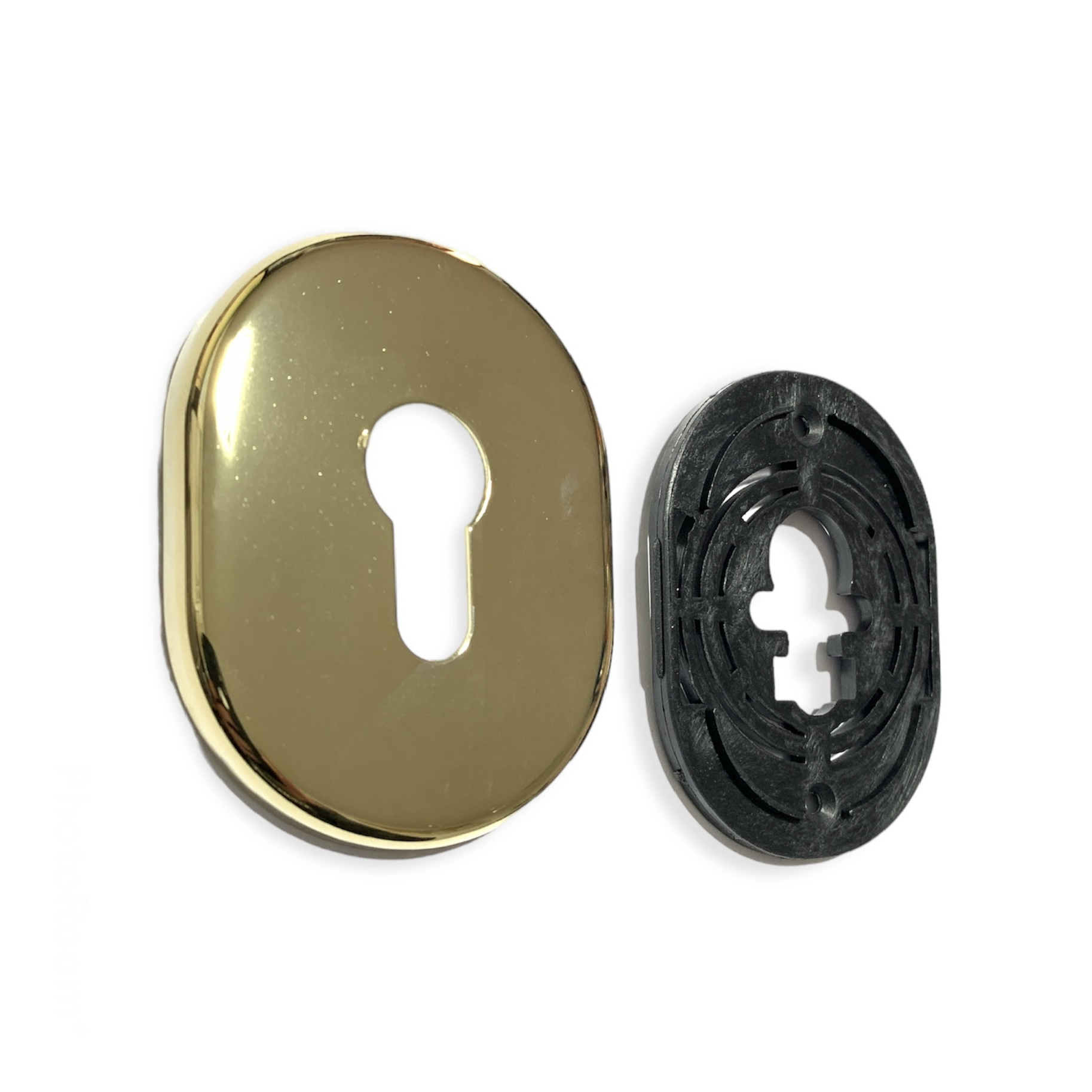 MOSTRINA con Foro Cilindro Ottone Lucido mm. 62×86 completa di sottoplacca in plastica